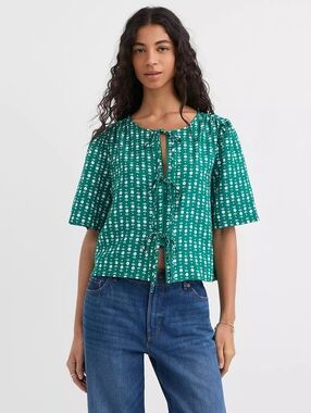 NEW Ann Taylor Loft Green Floral Bow Blouse Top M